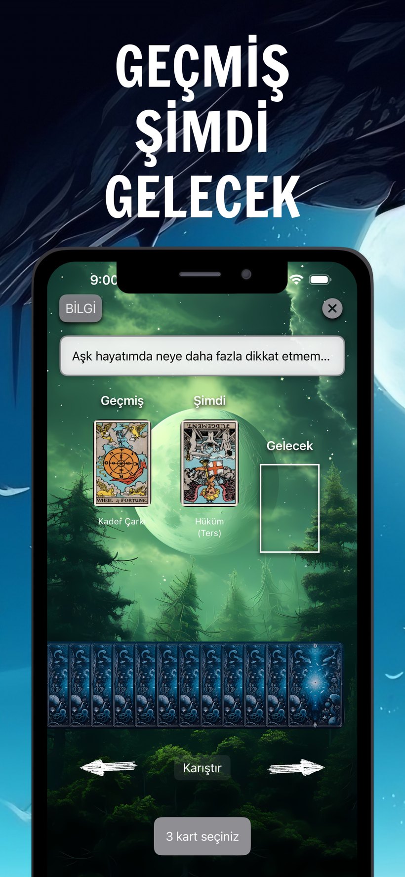 Tarotify — Geçmiş · Şimdi · Gelecek ekranı